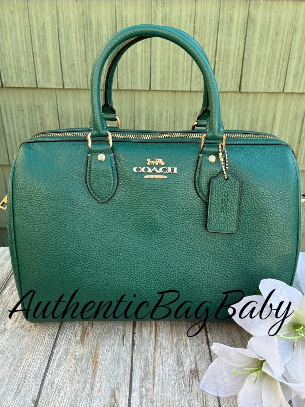 Coach Large Rowan Satchel Emerald Green Pebbled Leather Bag Purse